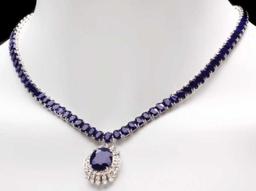 14K White Gold 58.0ct Sapphire and 1.74ct Diamond Necklace