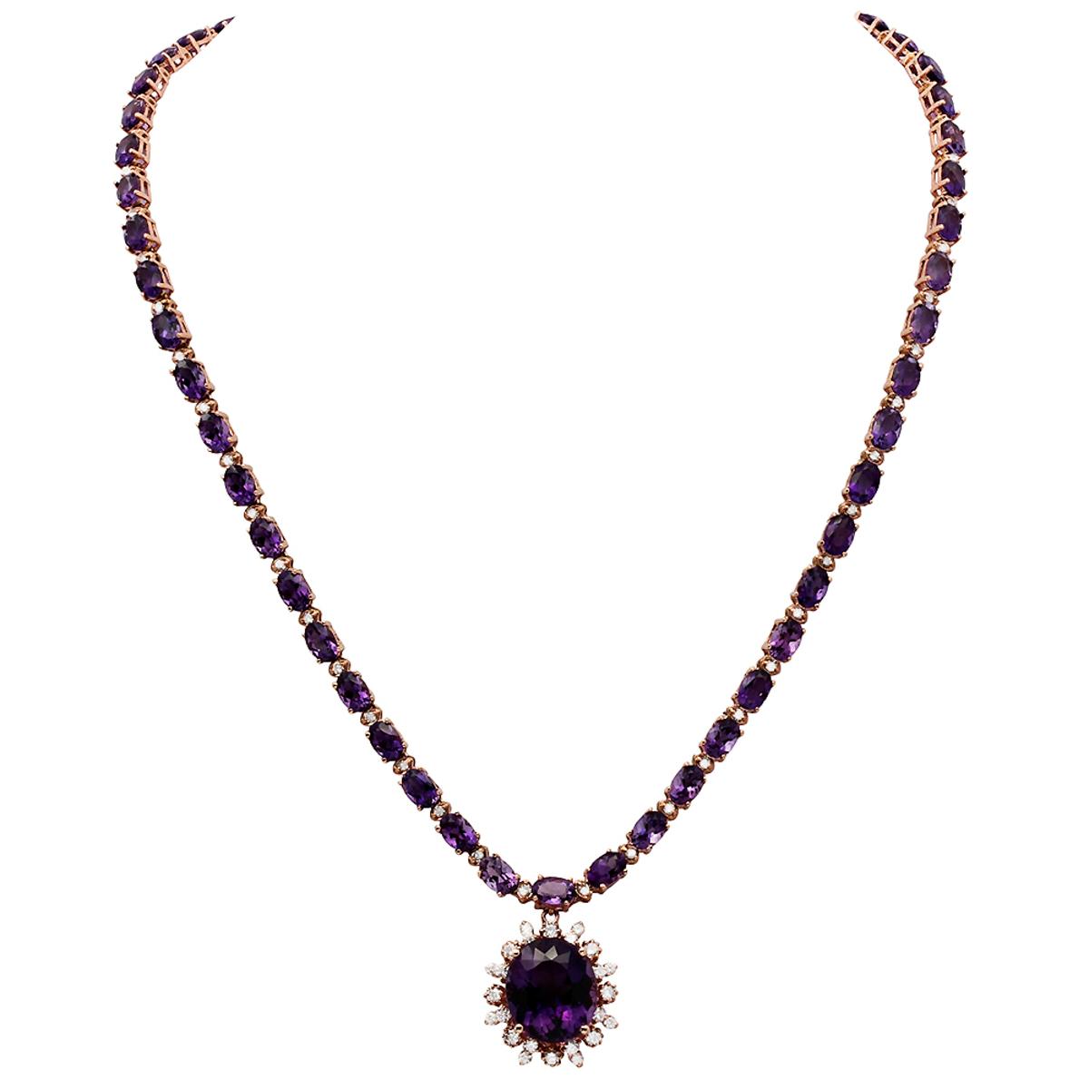 14k Rose Gold 31.14ct Amethyst 2.47ct Diamond Necklace