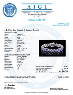 14K Gold 20.20ct Tanzanite 1.34ct Diamond Bracelet