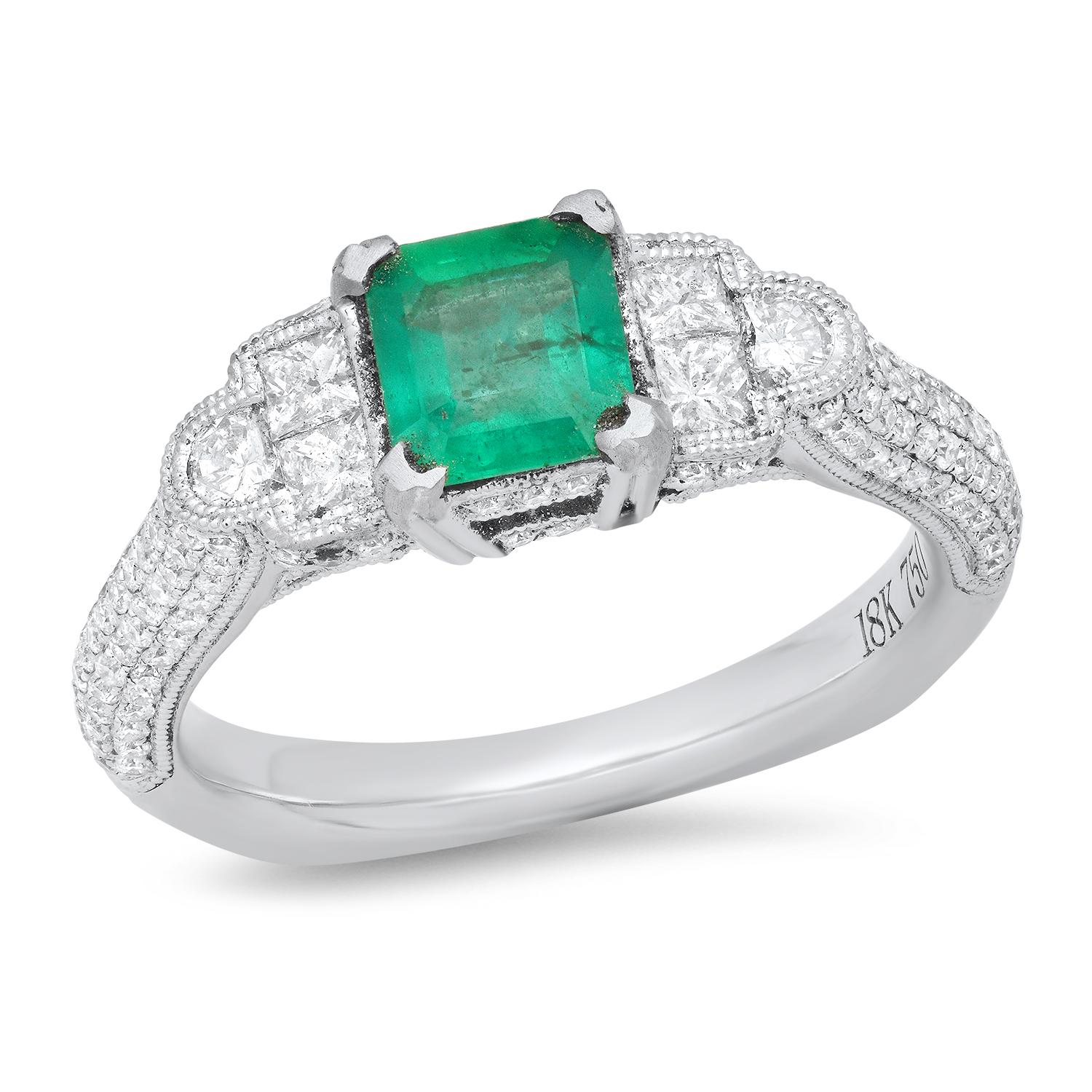 18K White Gold Setting with 0.68ct Emerald and 1.14ct Diamond Ring