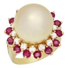 14k Yellow Gold 14mm Pearl 1.42ct Ruby 0.68ct Diamond Ring