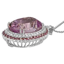 14k White Gold 51.32ct Kunzite 2.05ct Sapphire 1.60ct Diamond Pendant