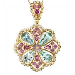 14K Gold 11.86ct Aquamarine 6.46ct Sapphire and Spinel 1.41ct Diamond Pendant