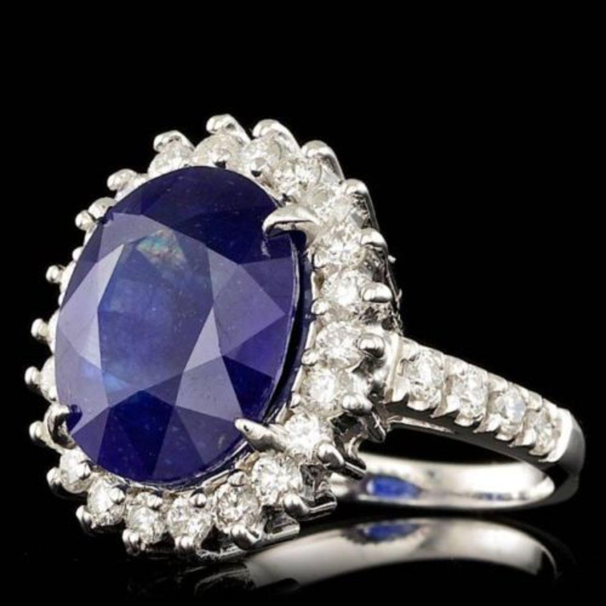 14K White Gold 9.07ct Sapphire and 1.13ct Diamond Ring