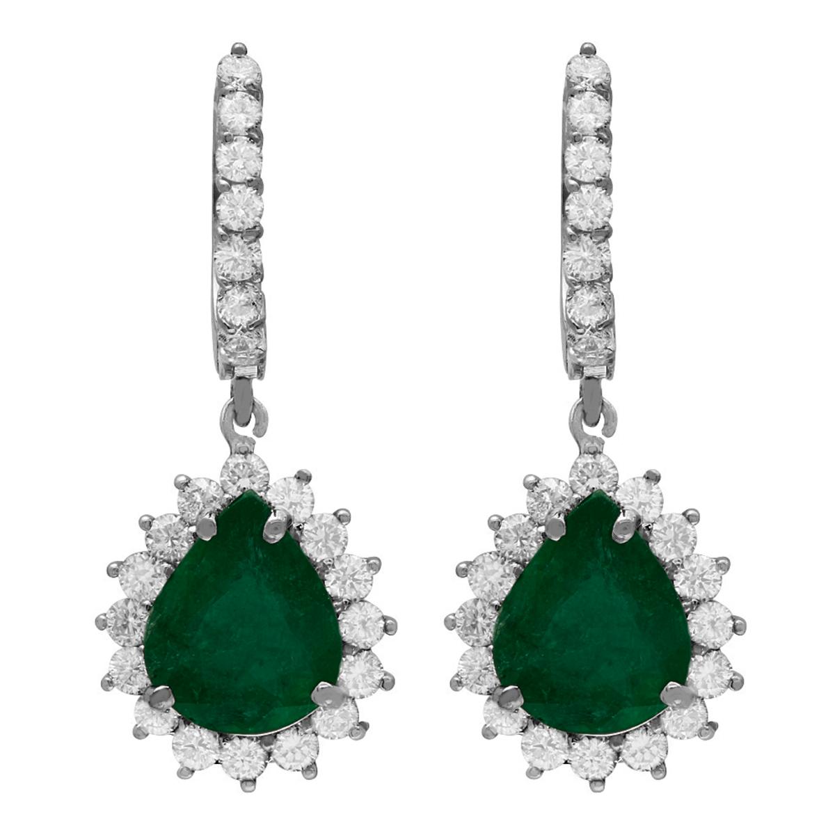 14k White Gold 4.89ct Emerald 1.81ct Diamond Earrings