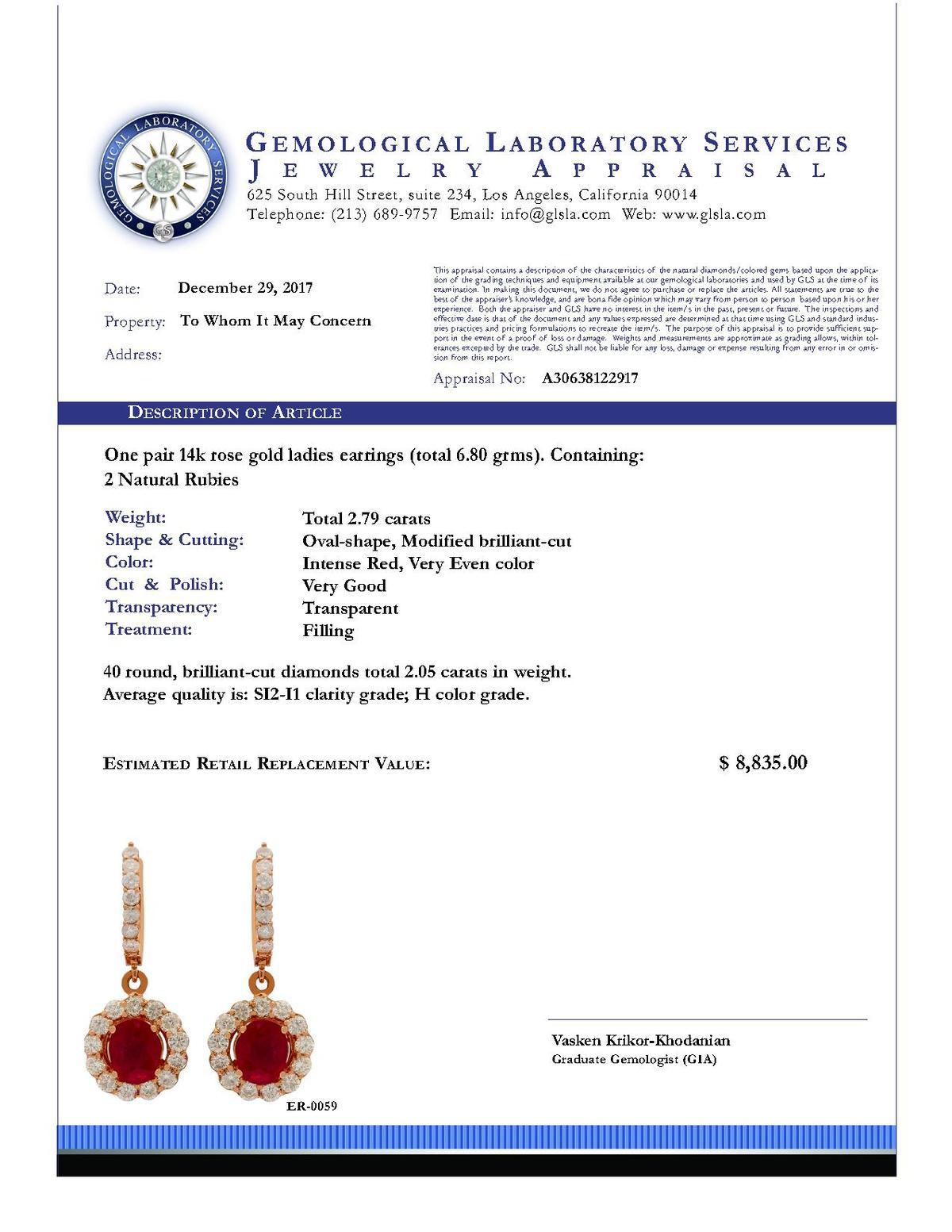 14k Rose Gold 2.79ct Ruby 2.05ct Diamond Earrings