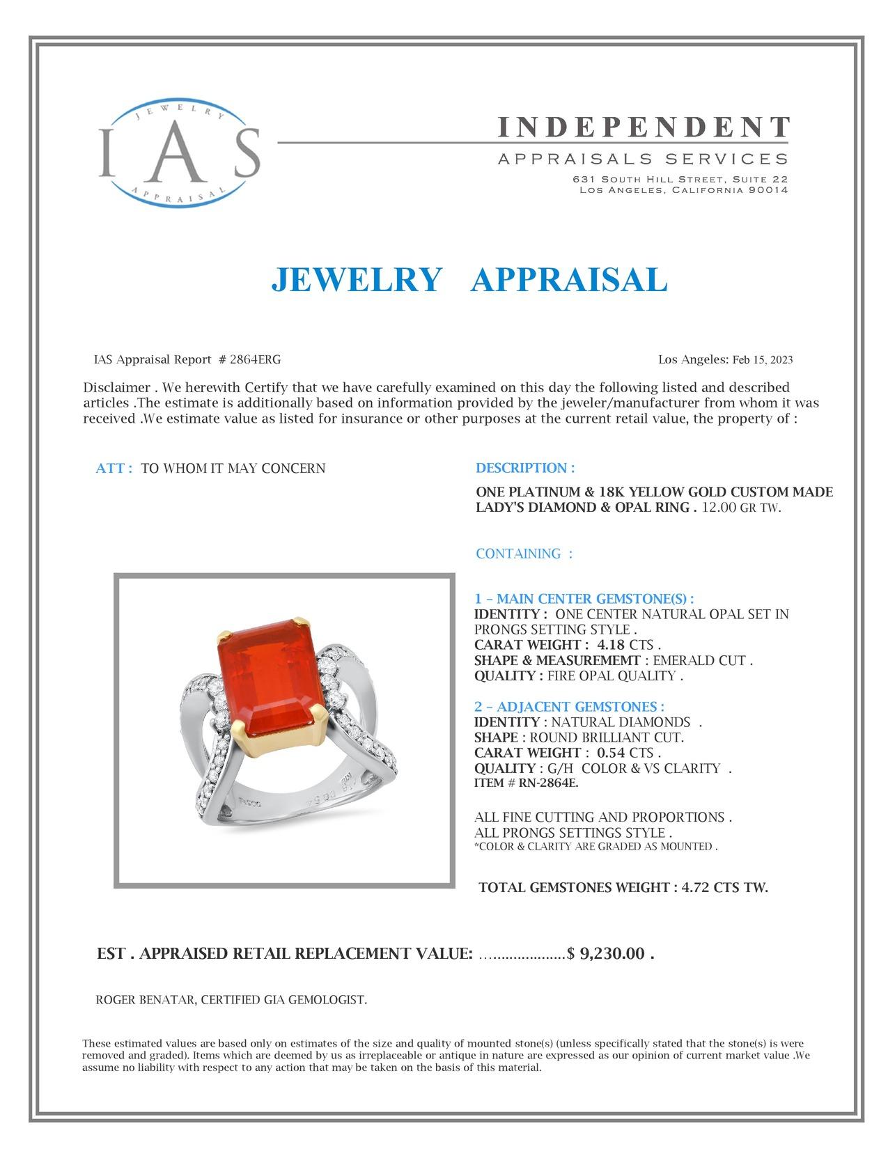 Platinum Setting with 4.18ct Fire Opal and 0.54ct Diamond Ladies Ring