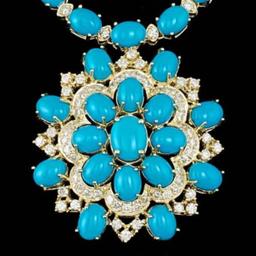 14K Yellow Gold 62.30ct Turquoise and 4.85ct Diamond Necklace