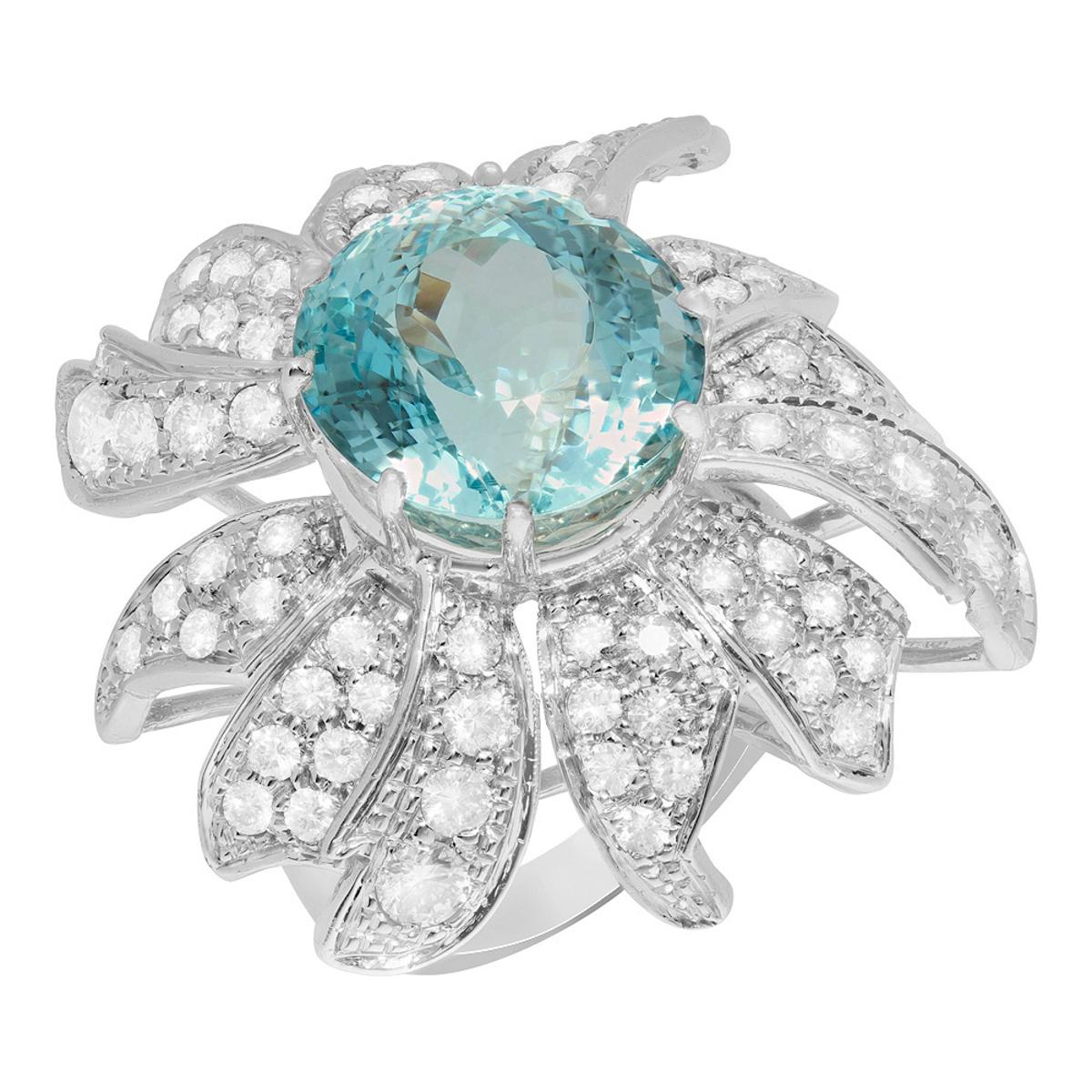 14k White Gold 12.76ct Aquamarine 4.29ct Diamond Ring