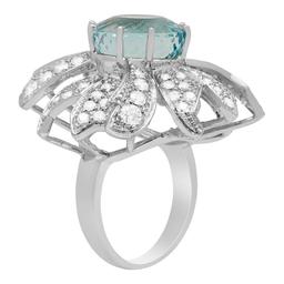 14k White Gold 12.76ct Aquamarine 4.29ct Diamond Ring