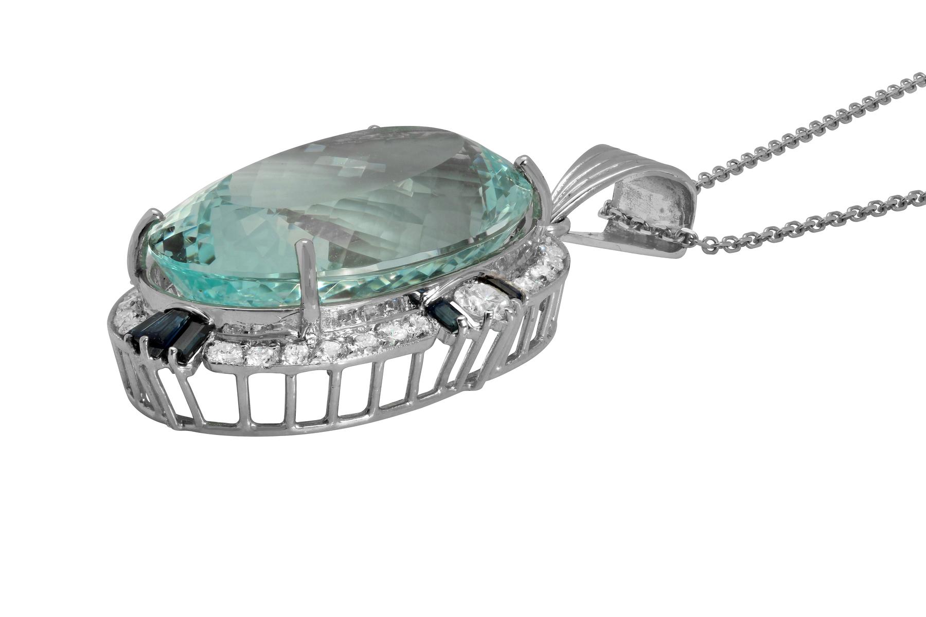 14k White Gold 45.10ct Aquamarine 0.70ct Blue Sapphire 2.40ct Diamond Pendant