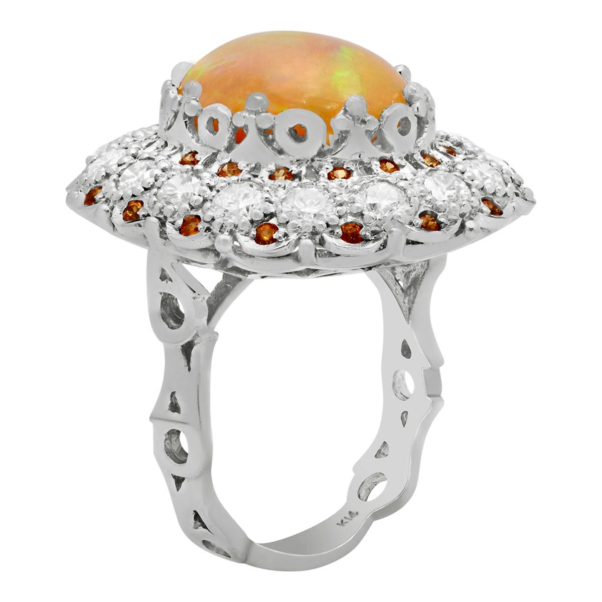 14k White Gold 7.09ct White Opal 0.48ct Orange Sapphire 2.21ct Diamond Ring