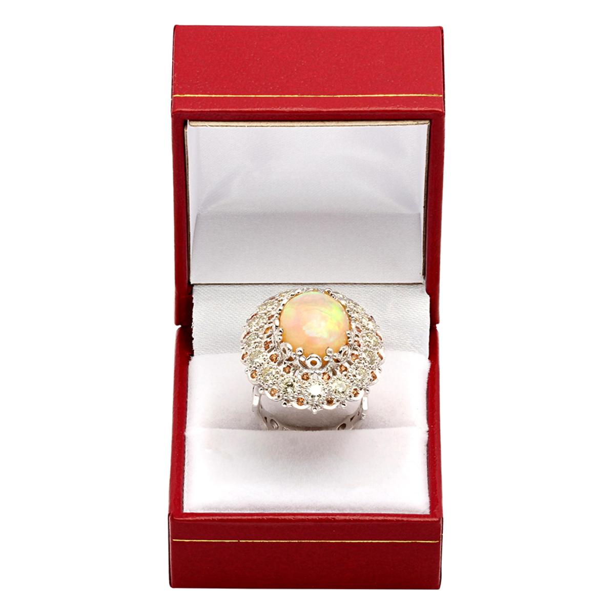14k White Gold 7.09ct White Opal 0.48ct Orange Sapphire 2.21ct Diamond Ring