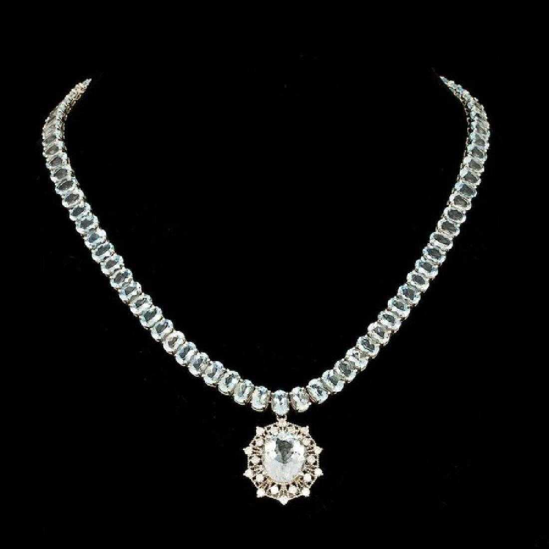 14K White Gold 60.80ct Aquamarine and 1.35ct Diamond Necklace