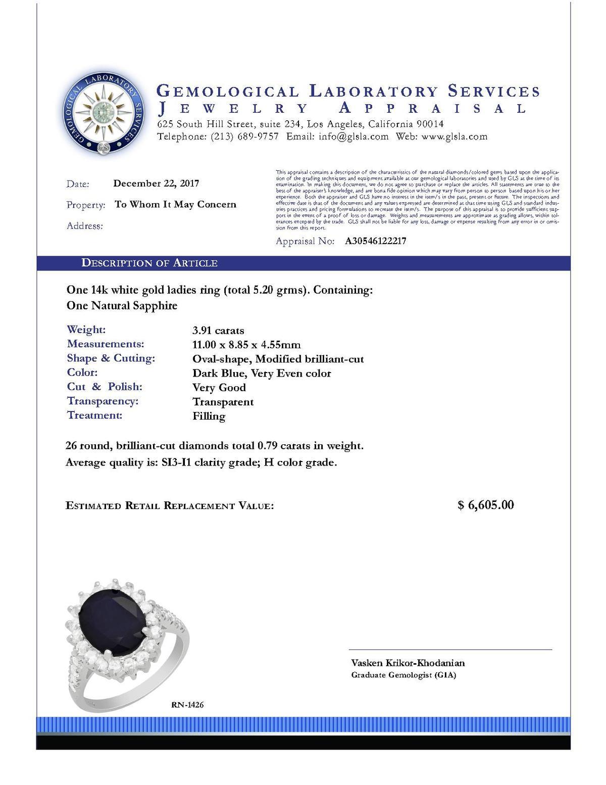 14k White Gold 3.91ct Sapphire 0.79ct Diamond Ring