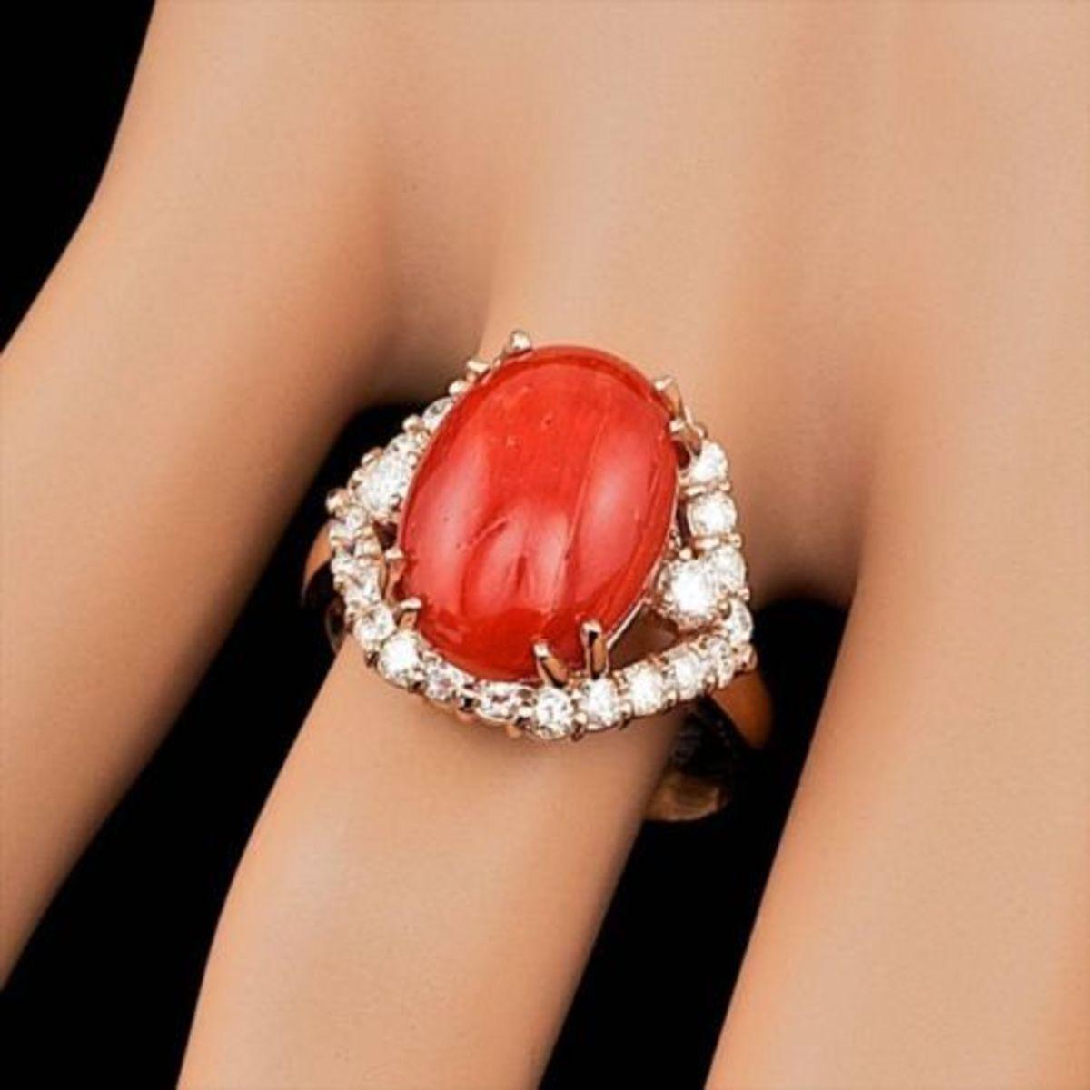 14K Rose Gold 5.38ct Coral and 0.88ct Diamond Ring