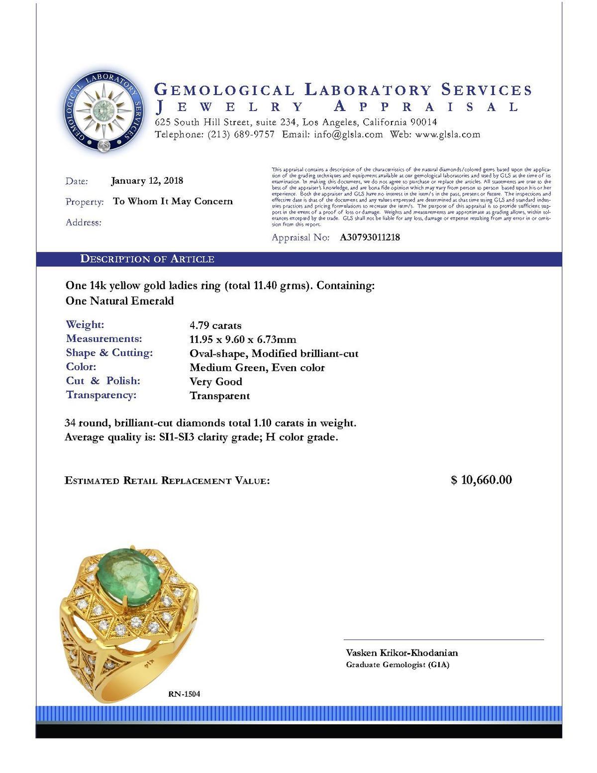 14k Yellow Gold 4.79ct Emerald 1.10ct Diamond Ring