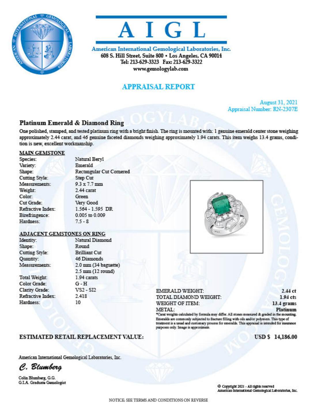 Platinum Setting with 2.44ct Emerald and 1.94ct Diamond Ladies Ring