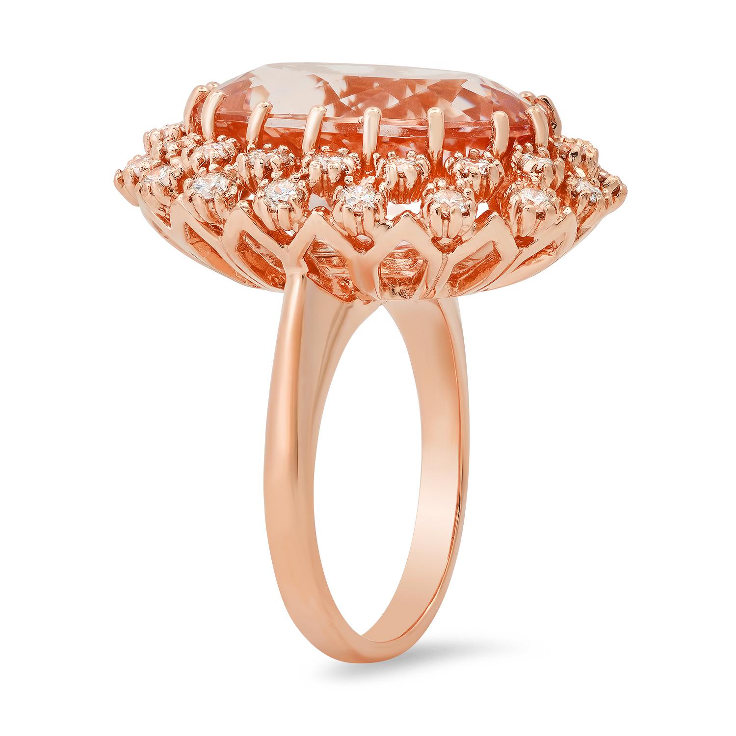 14K Rose Gold with 12.91ct Morganite and 1.39ct Diamond Ladies Ring