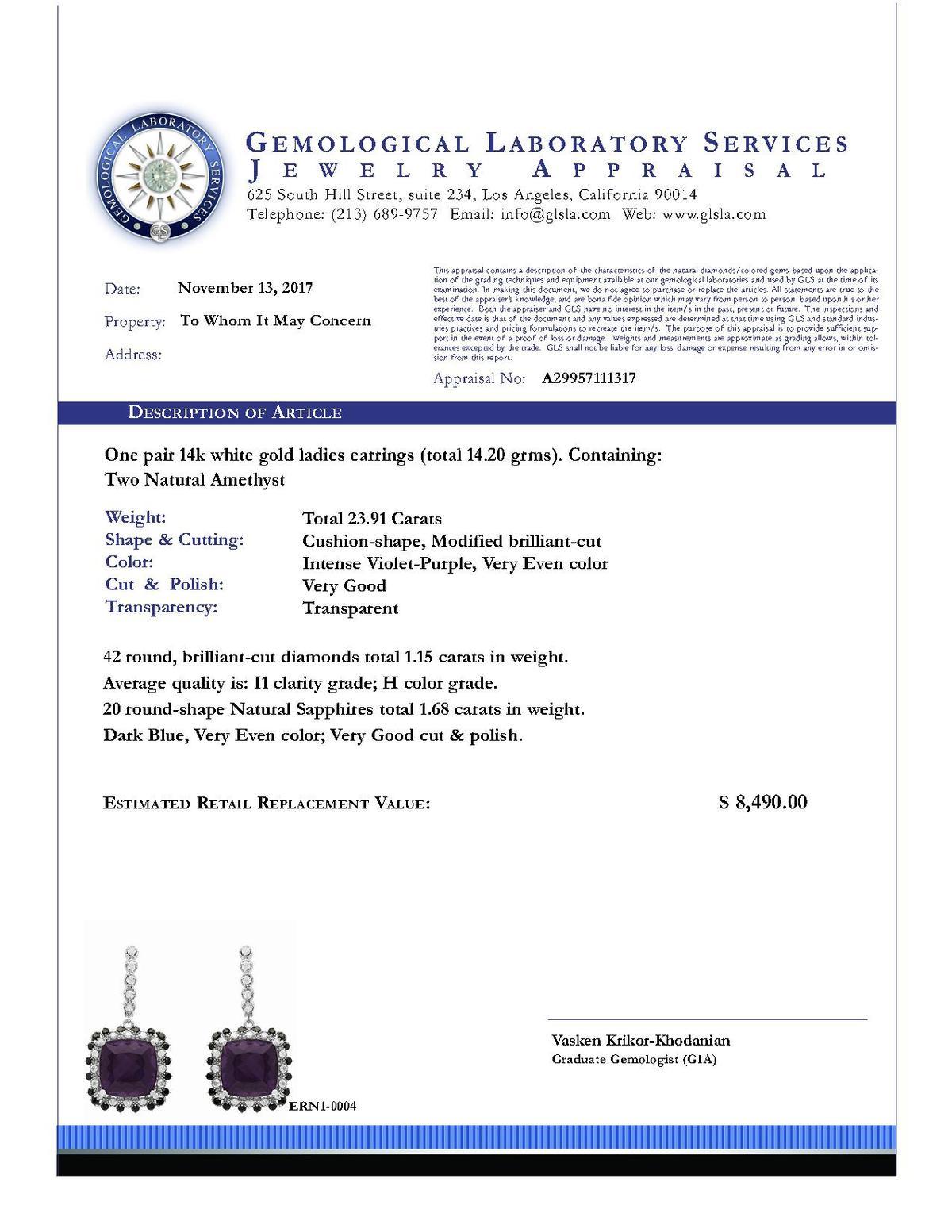 14k White Gold 23.91ct Amethyst & 1.68ct Sapphire 1.15ct Diamond Earrings