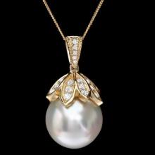 14K Gold 16MM Pearl 1.25ct Diamond Pendant