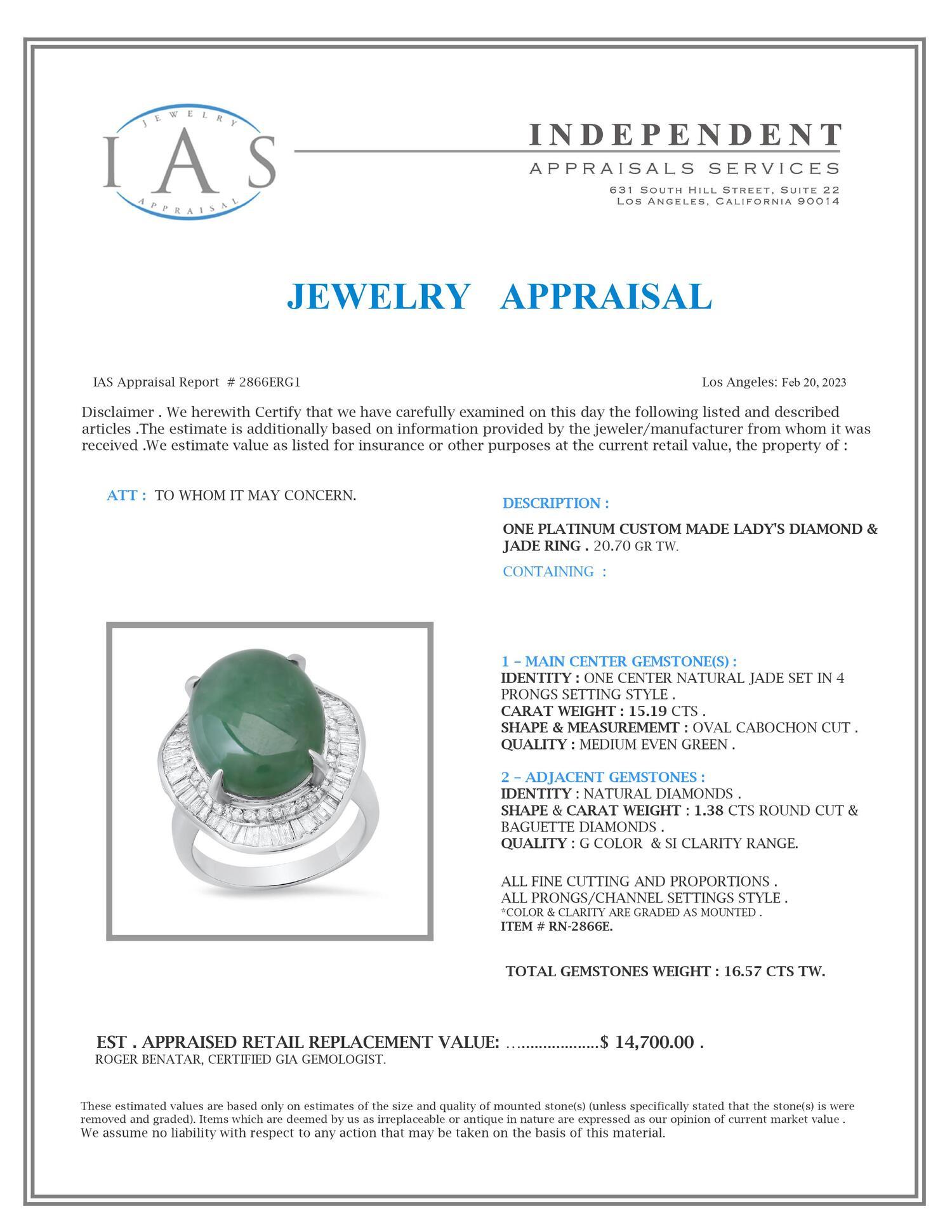 Platinum Setting with 15.19ct Jade and 1.38ct Diamond Ladies Ring