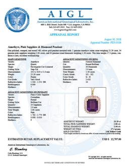 14K Gold 25.29ct Amethyst 2.0ct Pink Sapphire 1.56ct Diamond Pendant