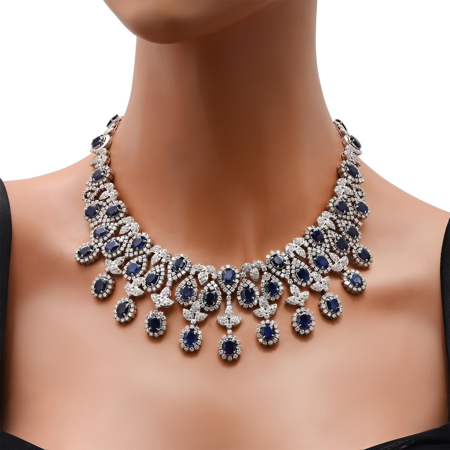 18K White Gold 75.40ct Sapphire and 17.95ct Diamond Necklace and Earring Set