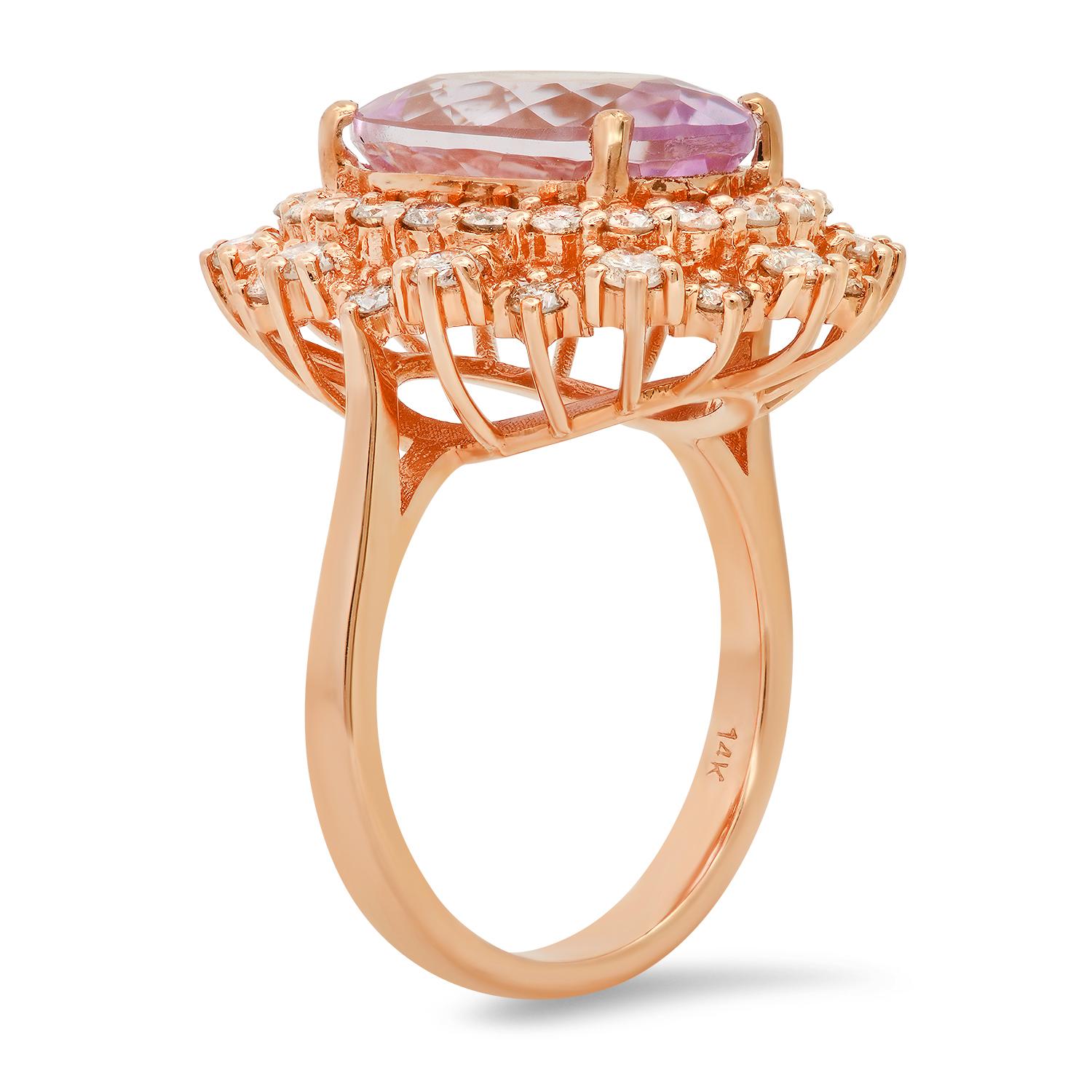14K Rose Gold Setting with 7.5ct Kunzite and 1.48ct Diamond Ring