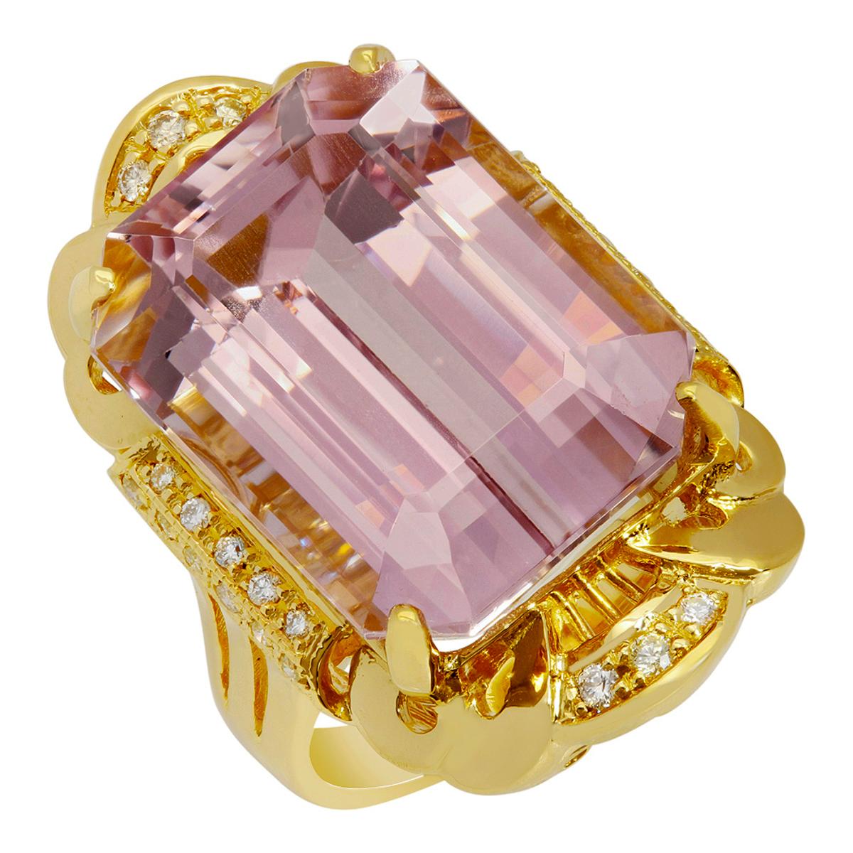 14k Yellow Gold 26.90ct Kunzite 0.28ct Diamond Ring