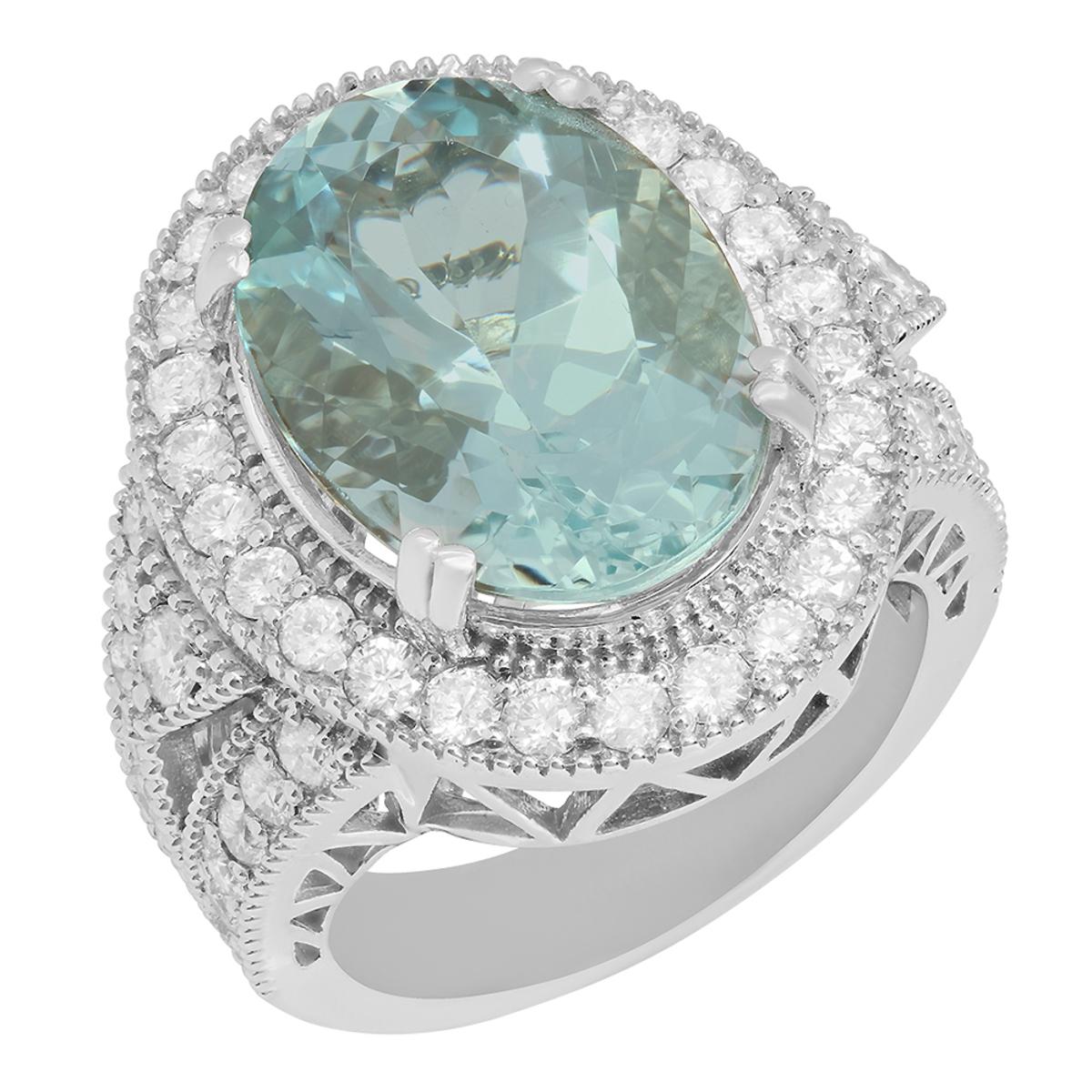14k White Gold 9.46ct Aquamarine 1.91ct Diamond Ring