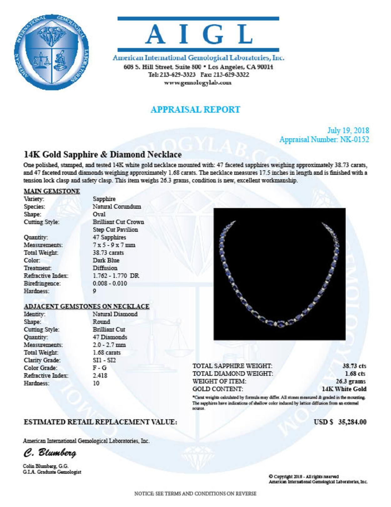 14K Gold 38.73ct Sapphire 1.68ct Diamond Necklace