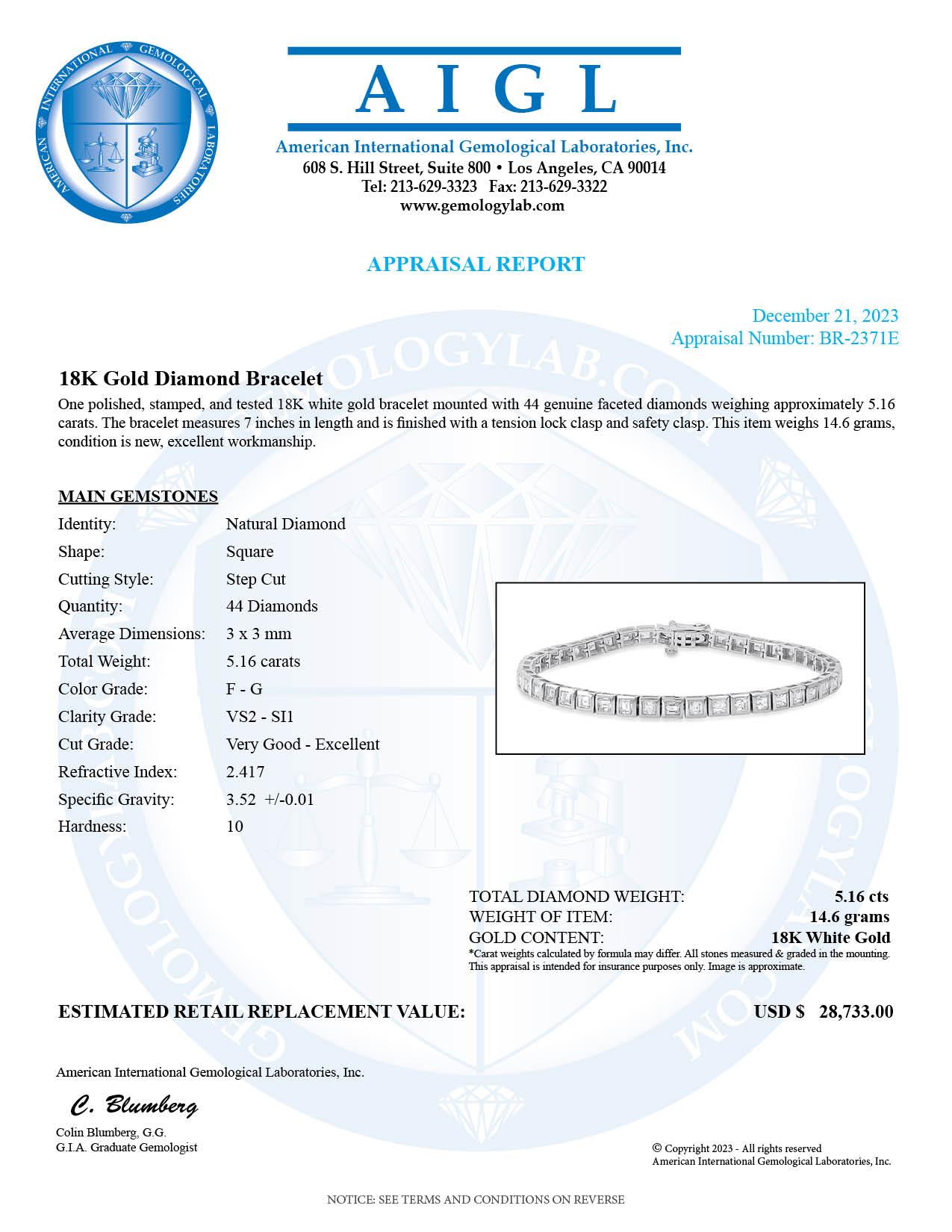 18K White Gold Setting with 5.16ct Diamond Bracelet