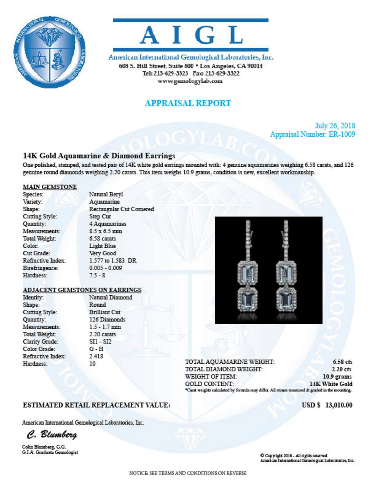 14k Gold 6.58ct Aquamarine & 2.20ct  Diamond Earrings