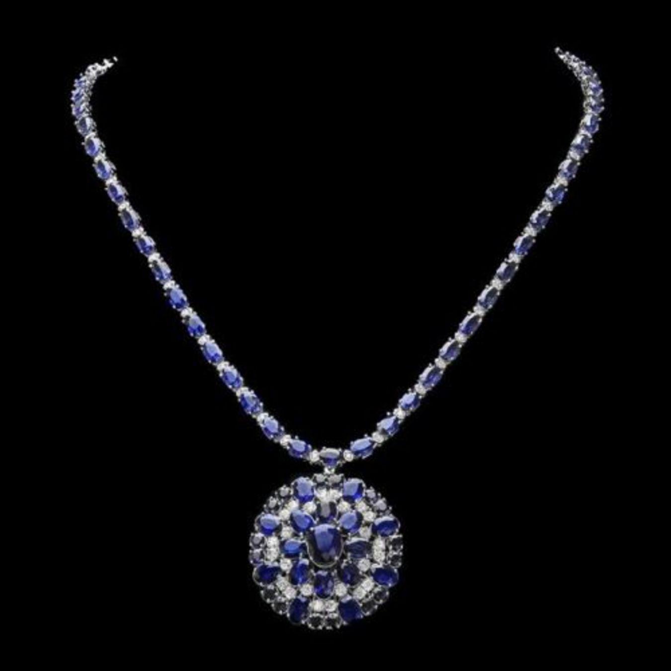 14K White Gold 43.37ct Sapphire and 2.48ct Diamond Necklace