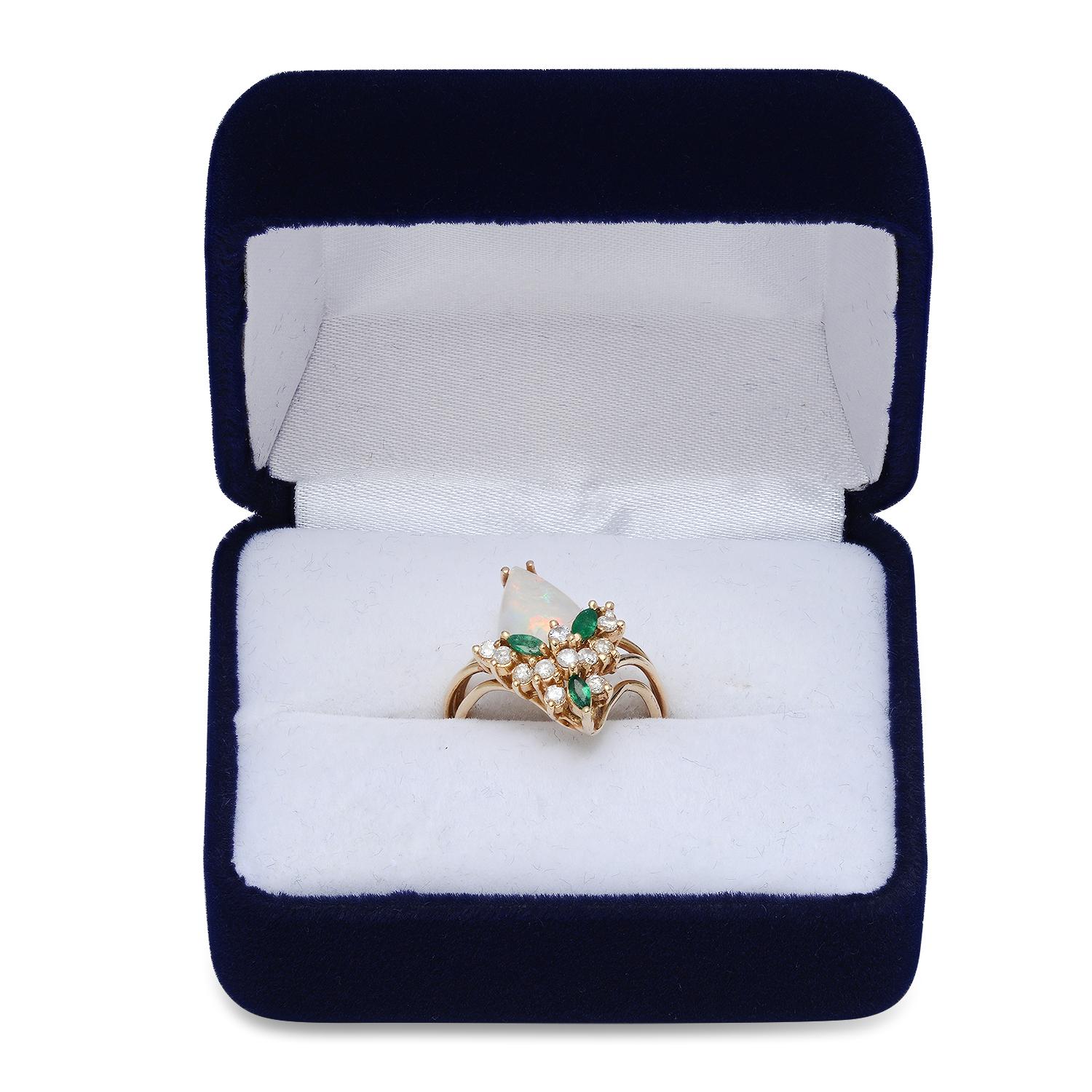 14K Yellow Gold Setting with 2.00ct Opal, 0.15ct Emerald and 0.25ct Diamond Ladies Ring