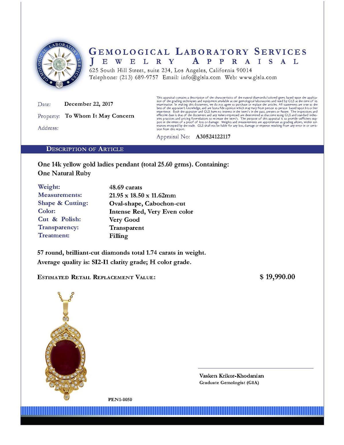 14k Yellow Gold 48.69ct Ruby 1.74ct Diamond Pendant