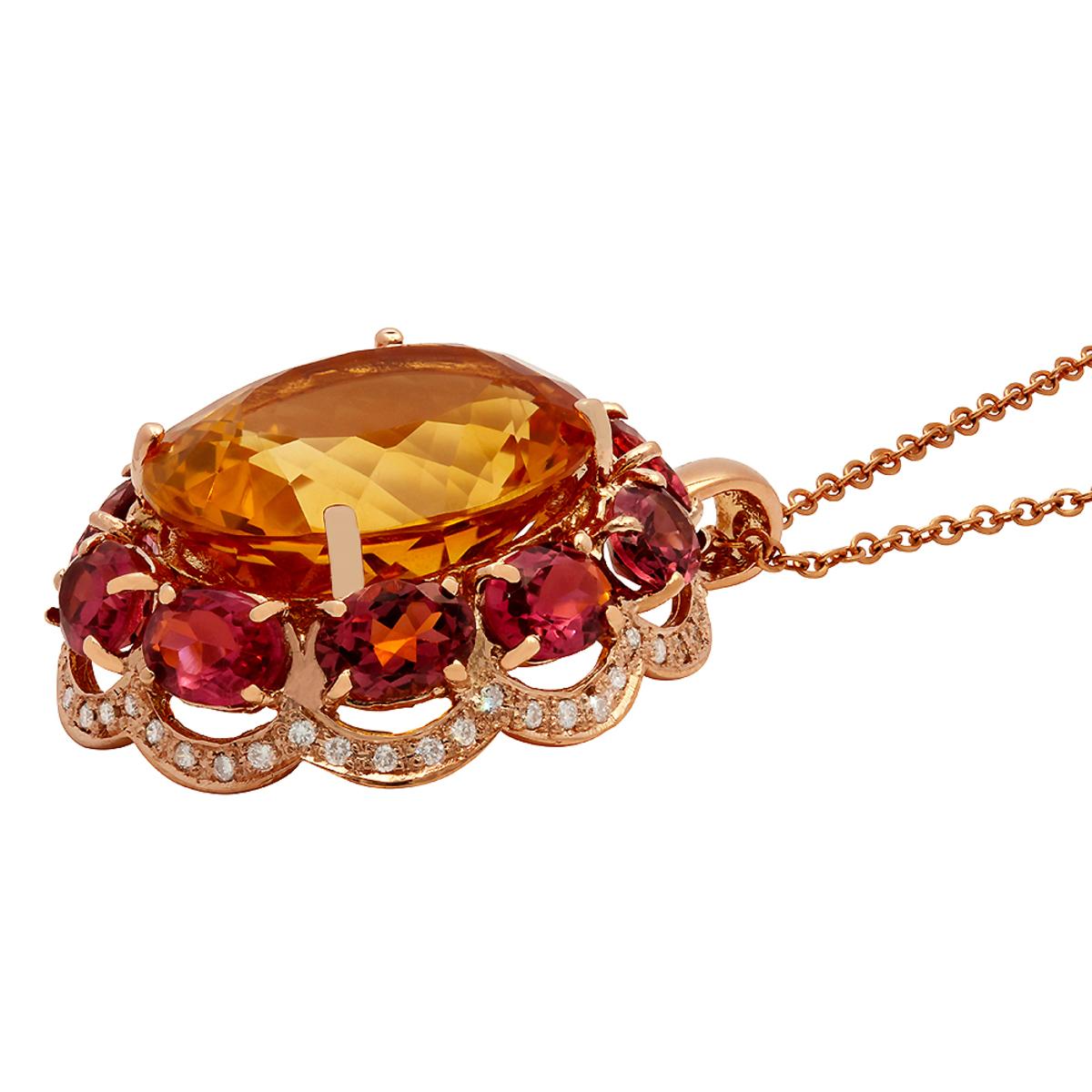 14k Rose Gold 23.75ct Citrine 14.11ct Pink Tourmaline 0.78ct Diamond Pendant