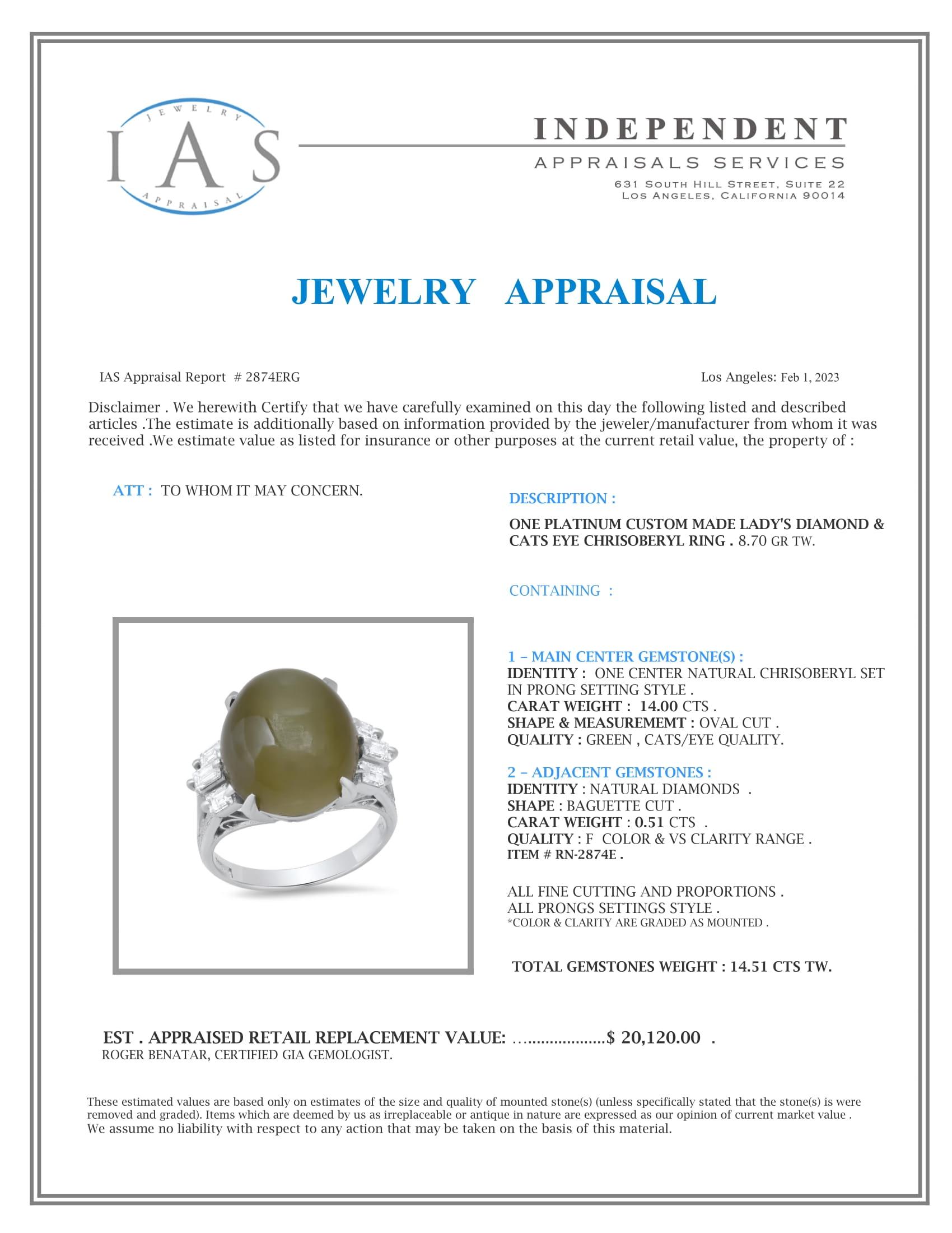 Platinum Setting with 14.0ct Cats Eye Chrysoberyl and 0.51ct Diamond Ladies Ring