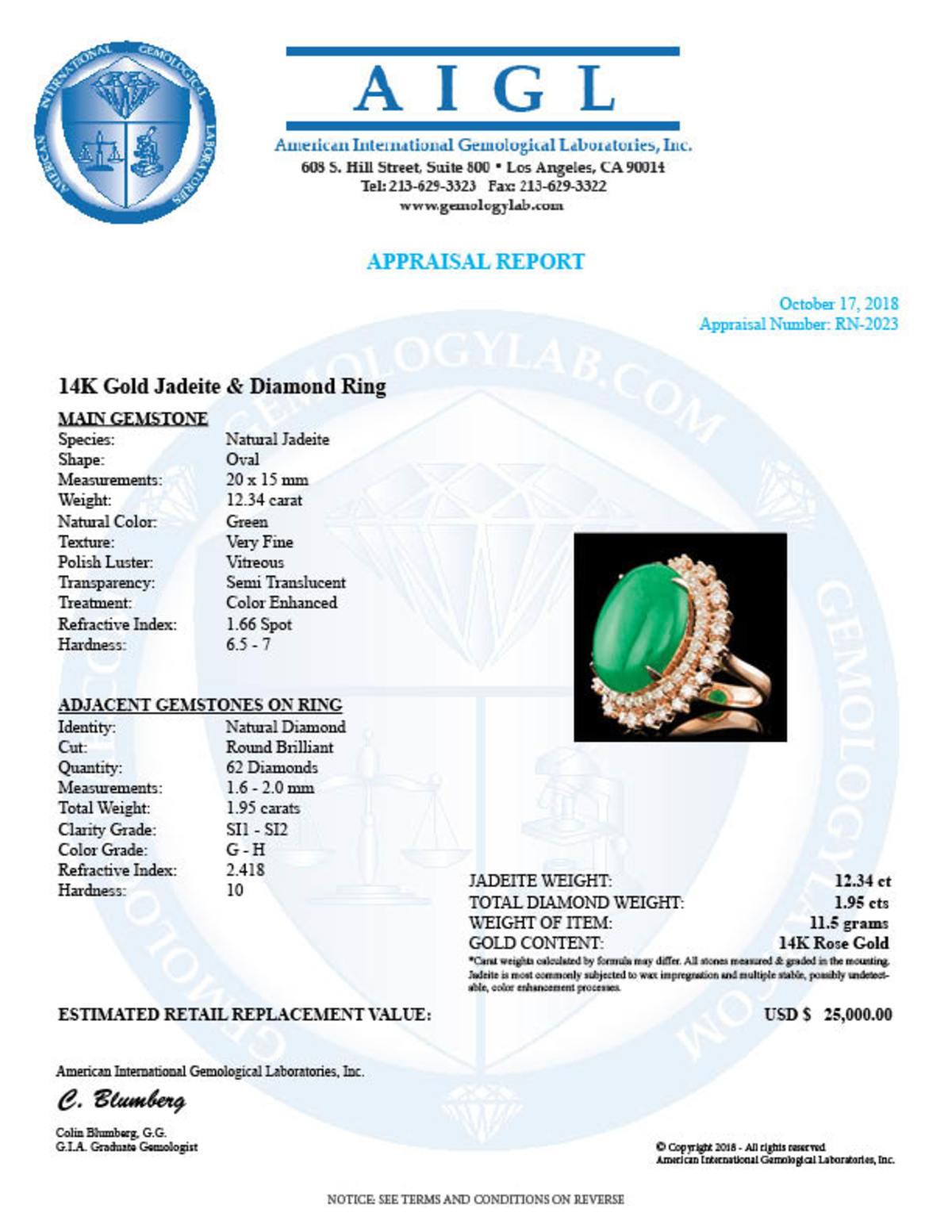 14K Rose Gold 12.34ct Natural Jadeite and 1.95ct Diamond Ring