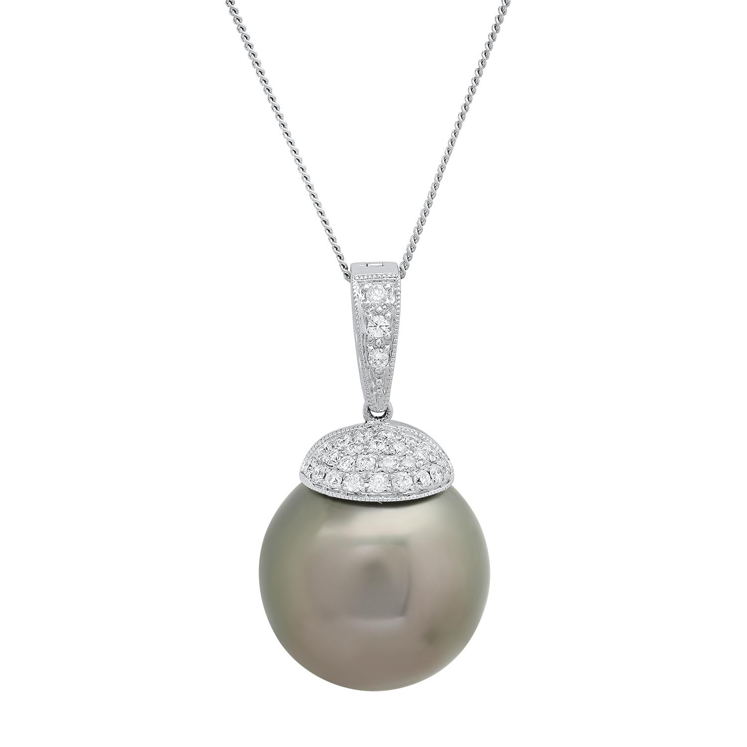 18K White Gold Setting with 15MM Tahitian Pearl and 0.22ct Diamond Pendant