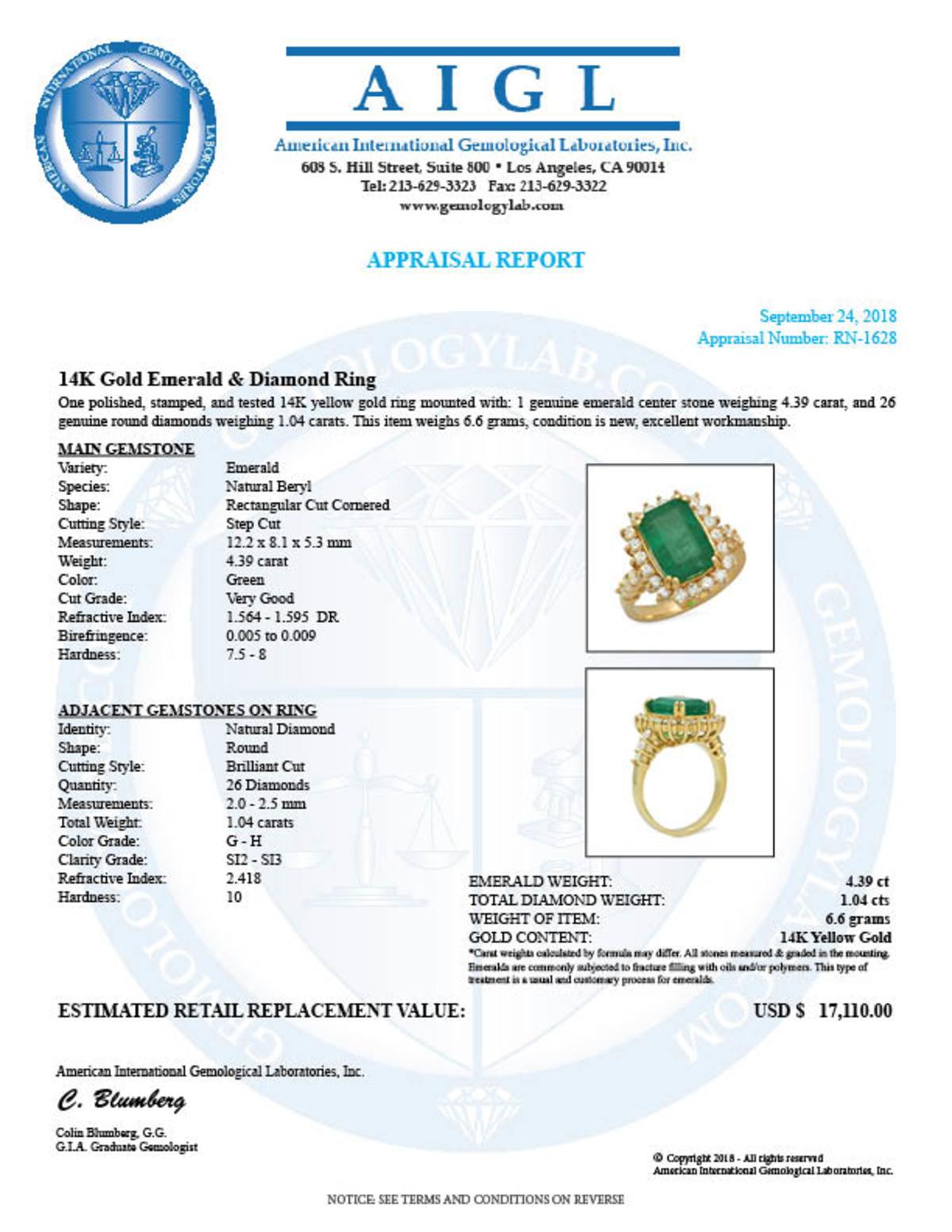 14K Yellow Gold 4.39ct Emerald and 1.04ct Diamond Ring