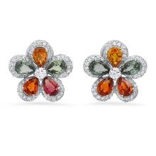 14K White Gold 9.08ct Multi-Colored Sapphire and 2.49ct Diamond Earrings