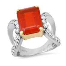 Platinum Setting with 4.18ct Fire Opal and 0.54ct Diamond Ladies Ring