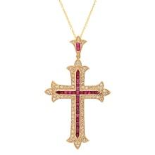 14K Yellow Gold Setting with 2.25ct Ruby and 1.42ct Diamond Cross Pendant