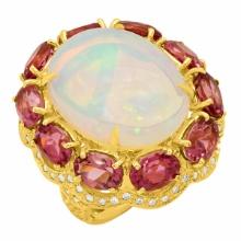 14k Yellow Gold 10.52ct Opal 8.67ct Pink Tourmaline 1.10ct Diamond Ring