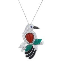 18K White Gold Setting with 0.28ct Diamond, 0.07ct Sapphire and Chalcedony Bird" Pendant"