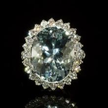 14K White Gold 12.02ct Aquamarine 1.65ct Diamond Ring