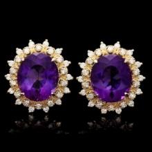 14K Yellow Gold 14.36ct Amethyst and 1.12ct Diamond Earrings