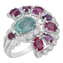 14k White Gold 3.04ct Aquamarine 5.36ct Pink Sapphire 1.02ct Diamond Ring